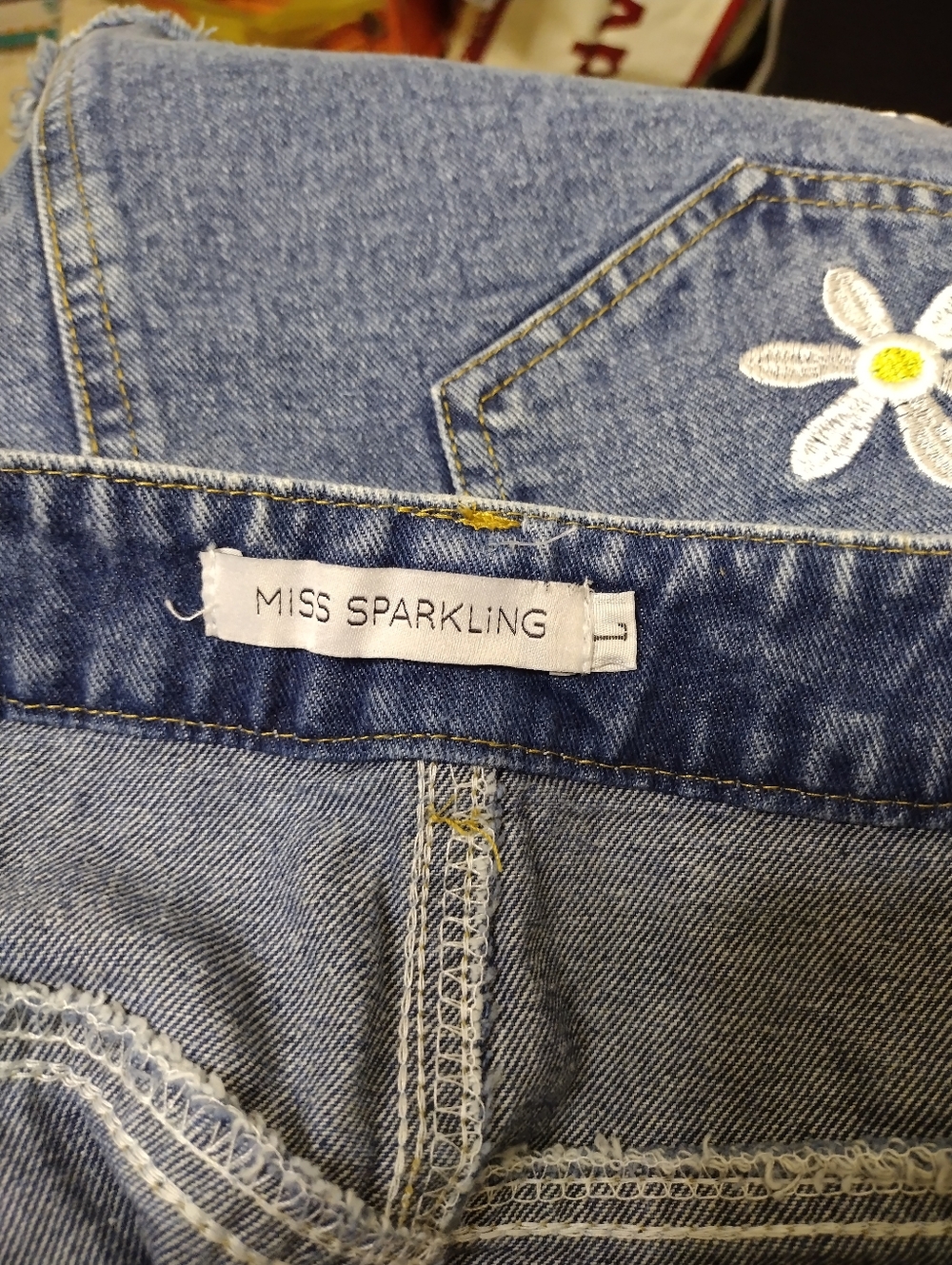 Miss Sparkling Boho/Hippie Embroidered Daisy Peace Sign Blue Denim Mini Skirt - Picture 3 of 6